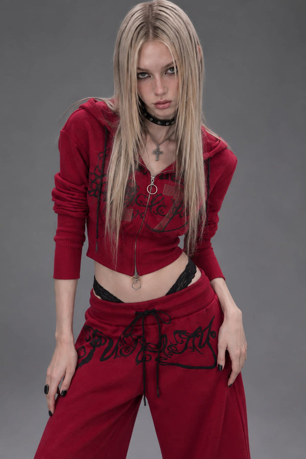 Red Zip-Up Hooded Sweatshirt and Pants Set-Up