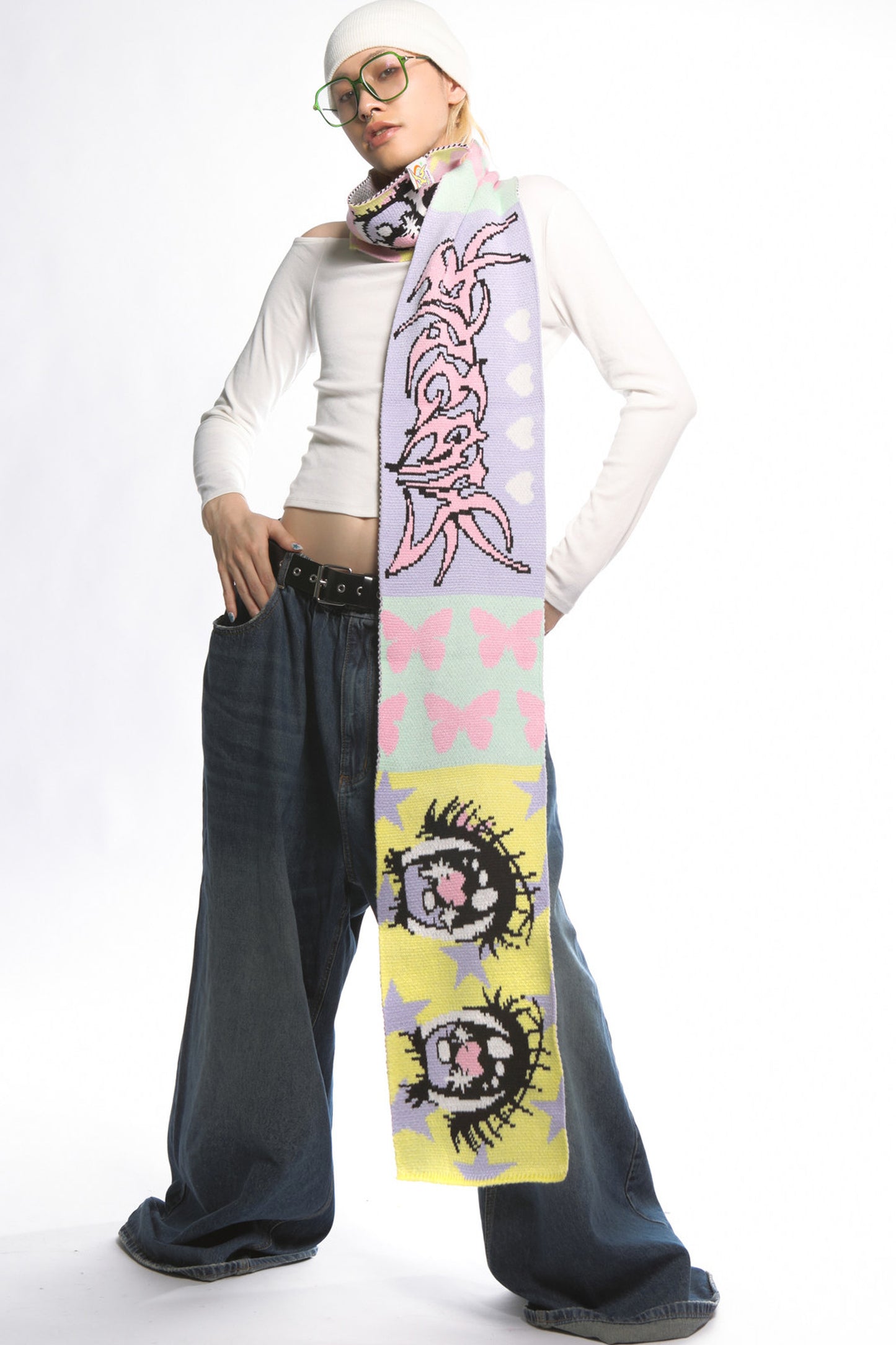 Comic Eye Knitted Long Scarf Set-Up