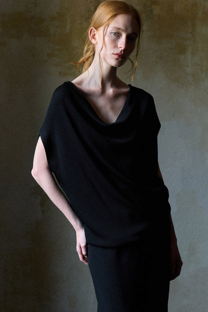 Black Tencel Drape Knitted Top