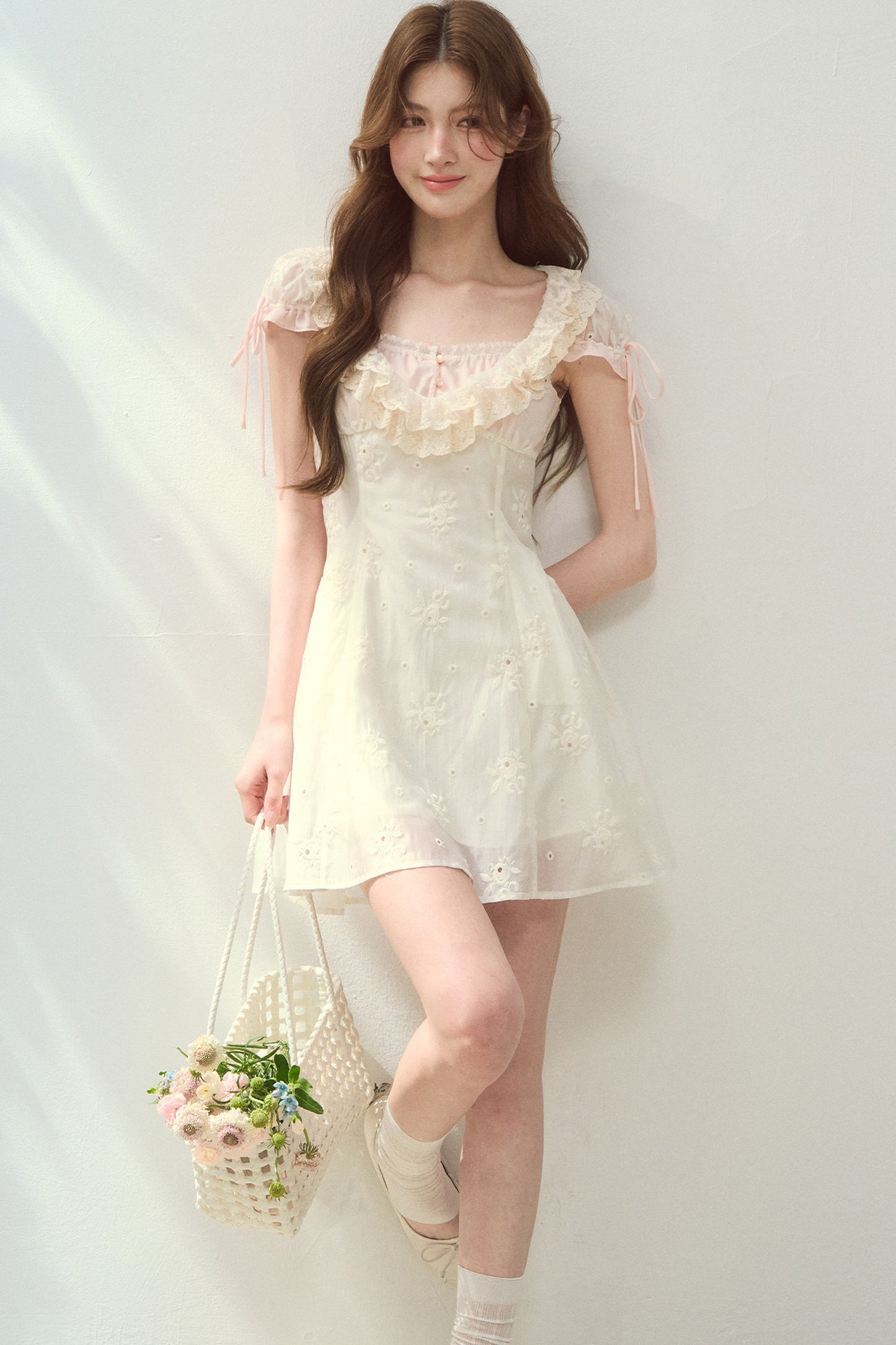 Rose Embroidered Square Neck Long Dress