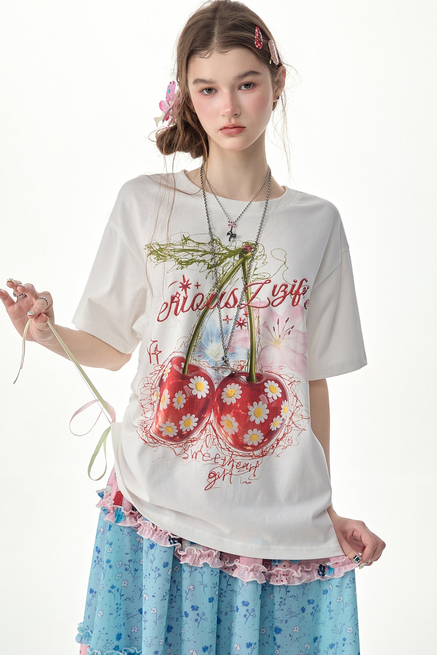 Cherry Daisy Print Short Sleeve T-Shirt