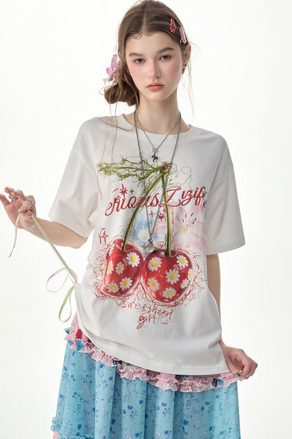 Cherry Daisy Print Short Sleeve T-Shirt