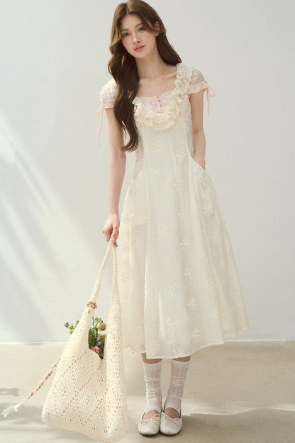 Rose Embroidered Square Neck Long Dress