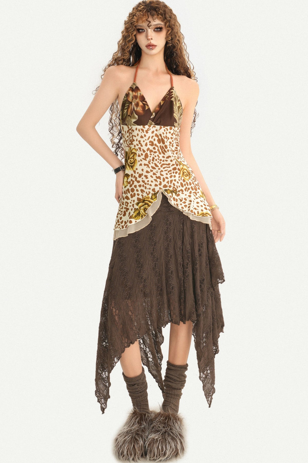 Y2K Leopard Rose Irregular Slit Halter Camisole