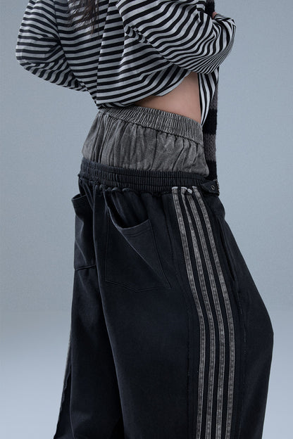 Layered-Look Patchwork Striped Pants