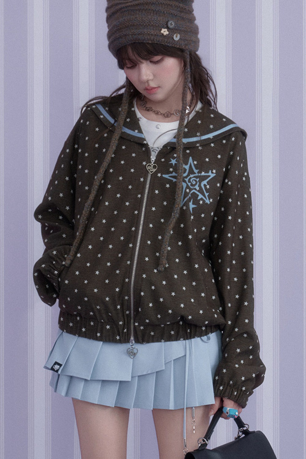 Brown Blue Swirl Star Navy Collar Jacket Set-Up