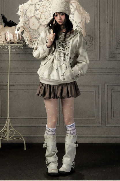 Distressed Drawstring Cross Print Hooded Pullover Sweatshirt