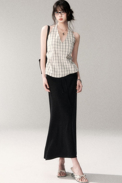 Textured Cotton Plaid Halter Camisole