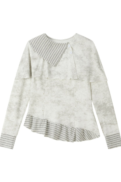 Asymmetrical Lapel Long-Sleeve Striped Patchwork Top