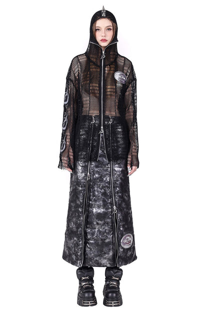 Rivet Hooded Mesh Patch Embroidery Jacket