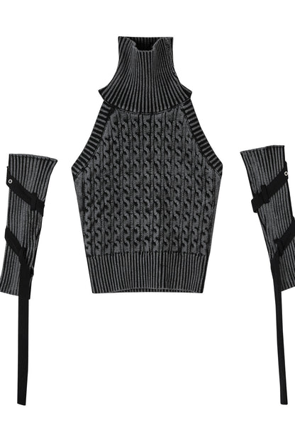 Short Backless Slim-Fit Knit Top with Tie Sleeves