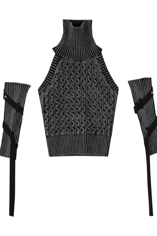 Short Backless Slim-Fit Knit Top with Tie Sleeves