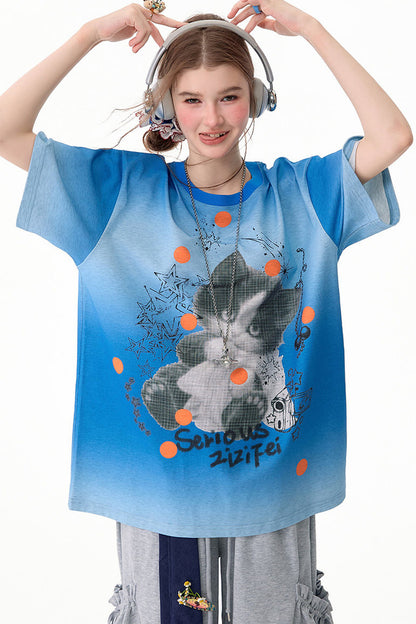 Maglietta blu sfumata con stampa gatto