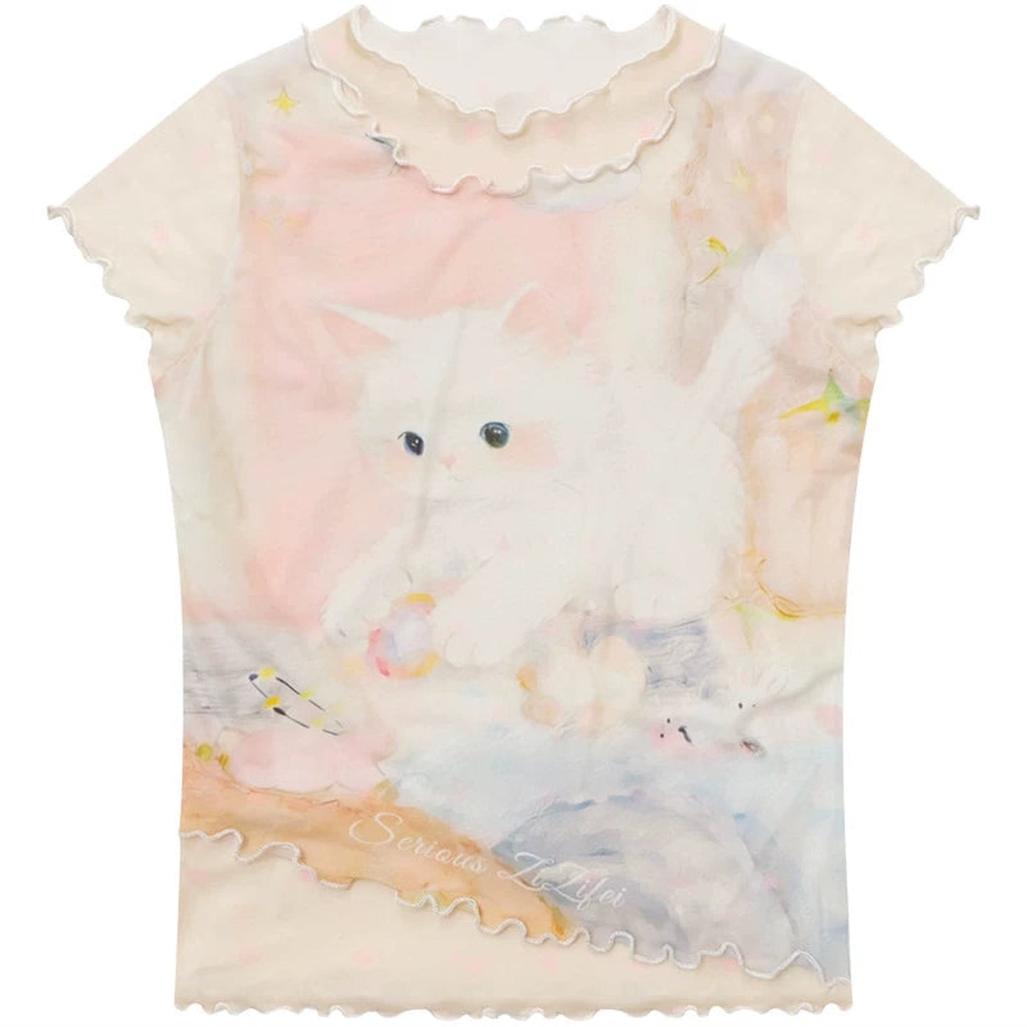 Cat Print Mesh Short Sleeve T-Shirt