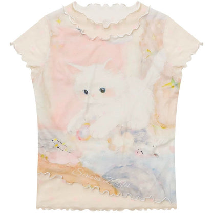 Cat Print Mesh Short Sleeve T-Shirt