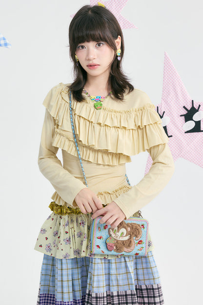 Blue Plush Squirrel Embroidered Floral Crossbody Bag
