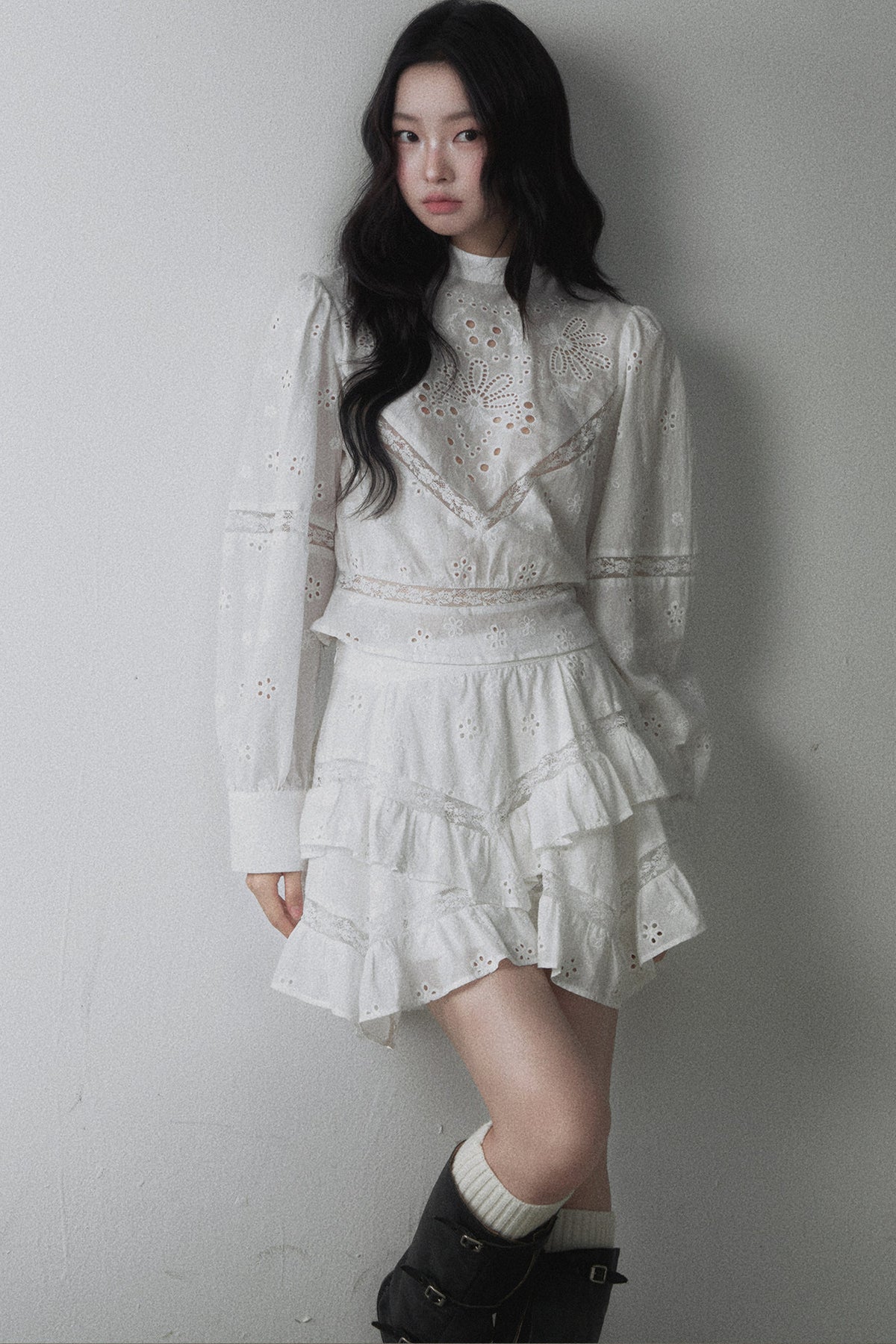 Pure Cotton Cut Out Shirt and Multi-Layered Asymmetrical Ruffle Skirt