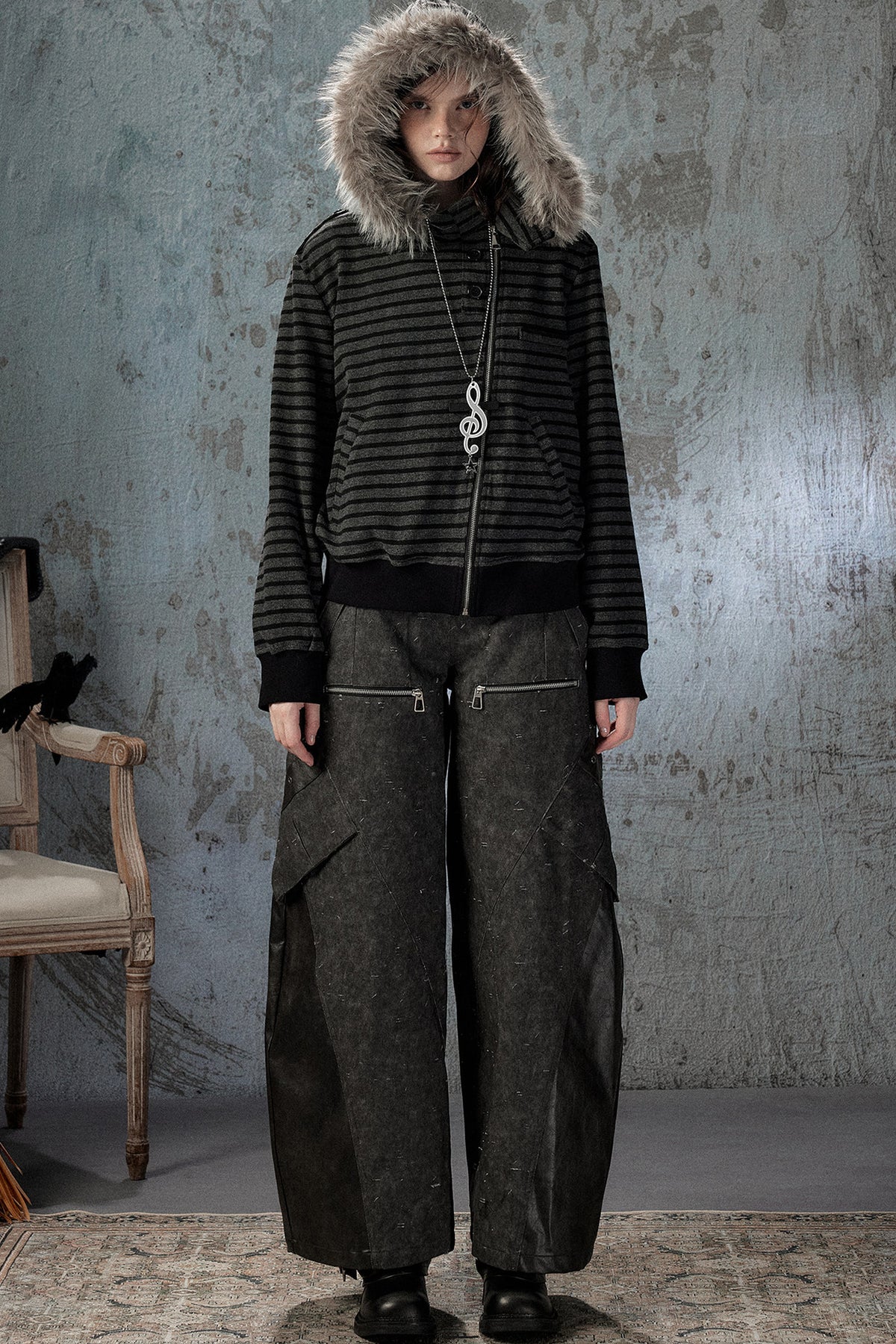 Fur Collar Striped Jacket