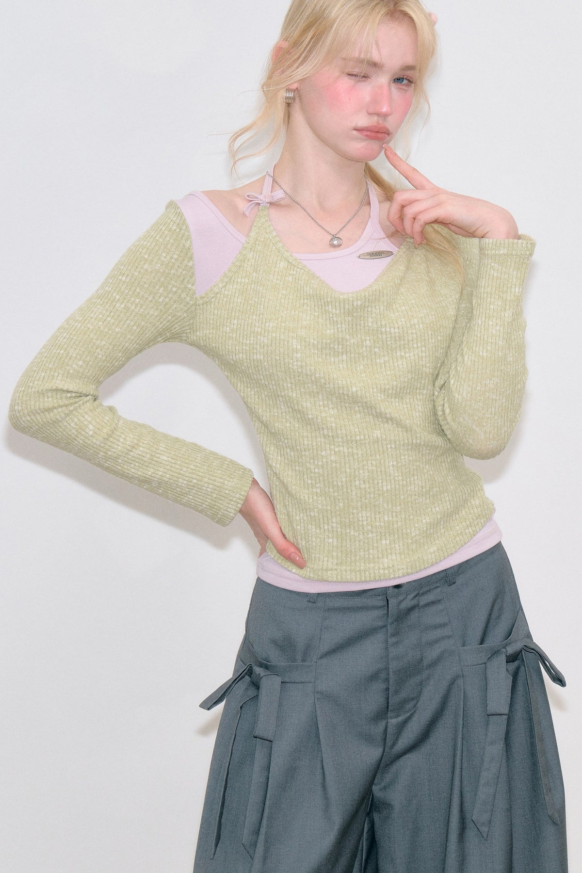 Green Purple Halter Layered-Look Knit Top