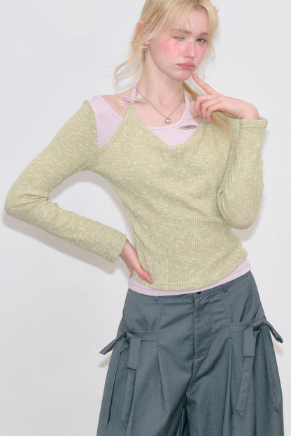 Green Purple Halter Layered-Look Knit Top