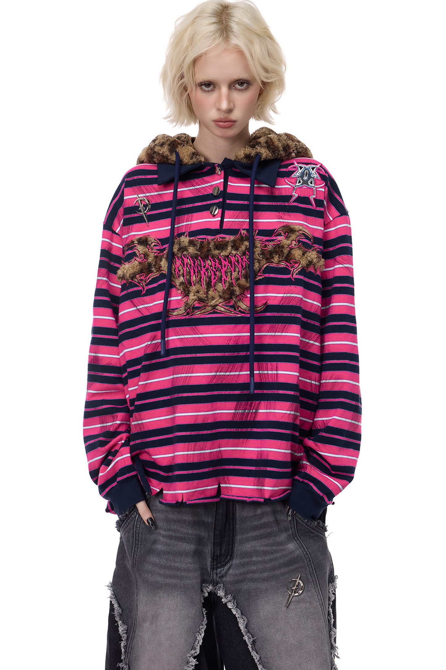Blackmetal rosa gestreiftes Kapuzen-Sweatshirt
