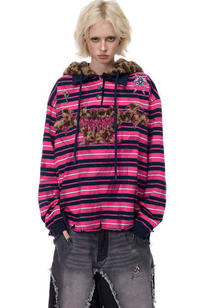 Blackmetal rosa gestreiftes Kapuzen-Sweatshirt