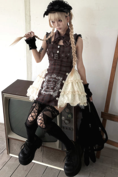 Gray Plaid Lace-Up Printed Cake Dress Set