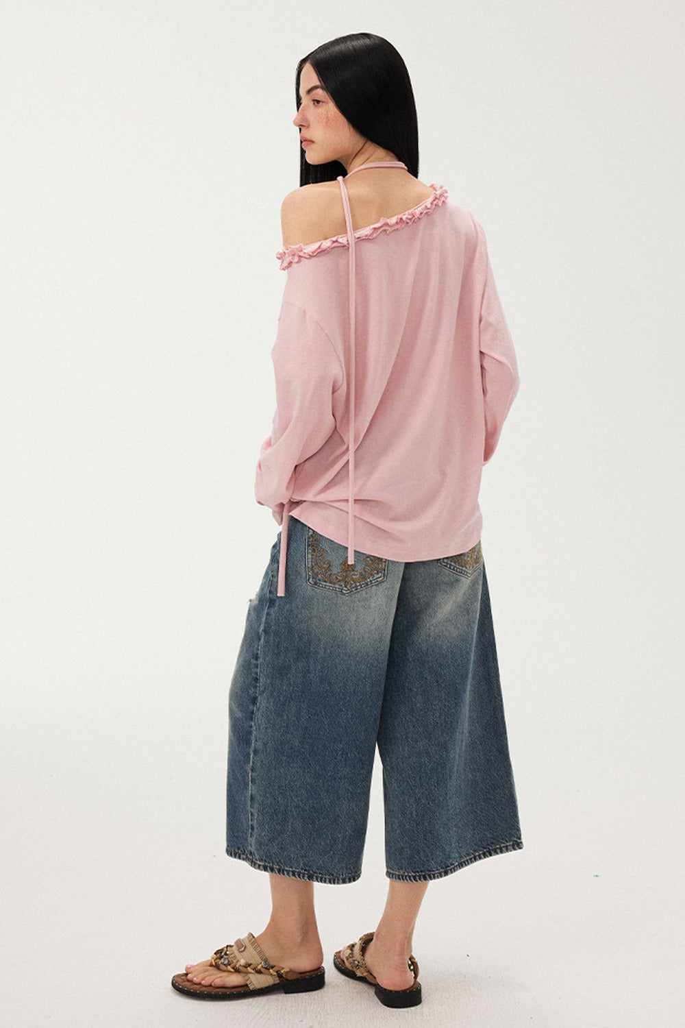 Cat Print Ruffle Off Shoulder Top