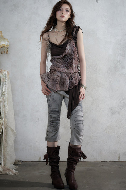 Leopard Print Layered-Look Strap Irregular Hem Dress