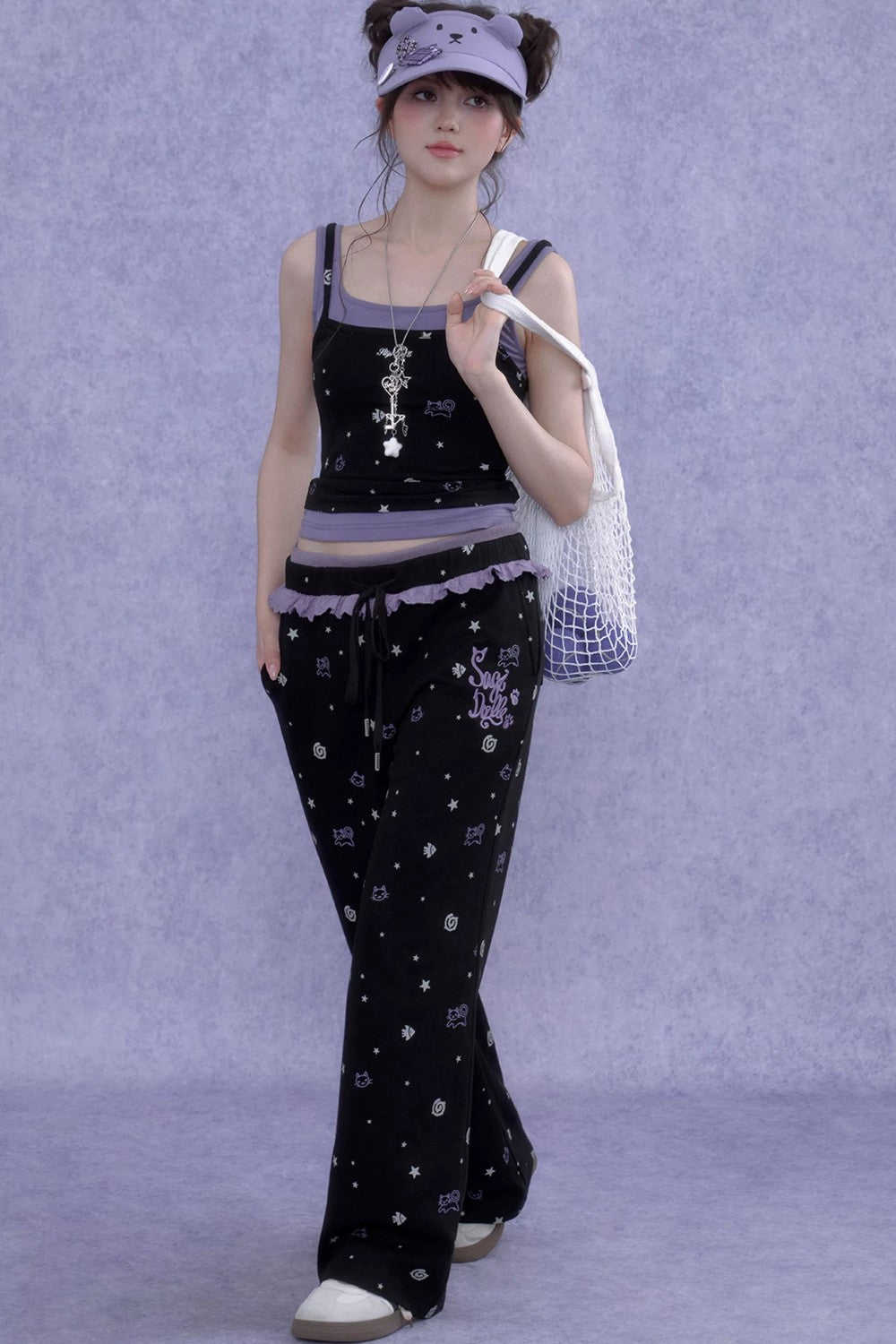 Black Purple Ruffle Print Pants Set-Up