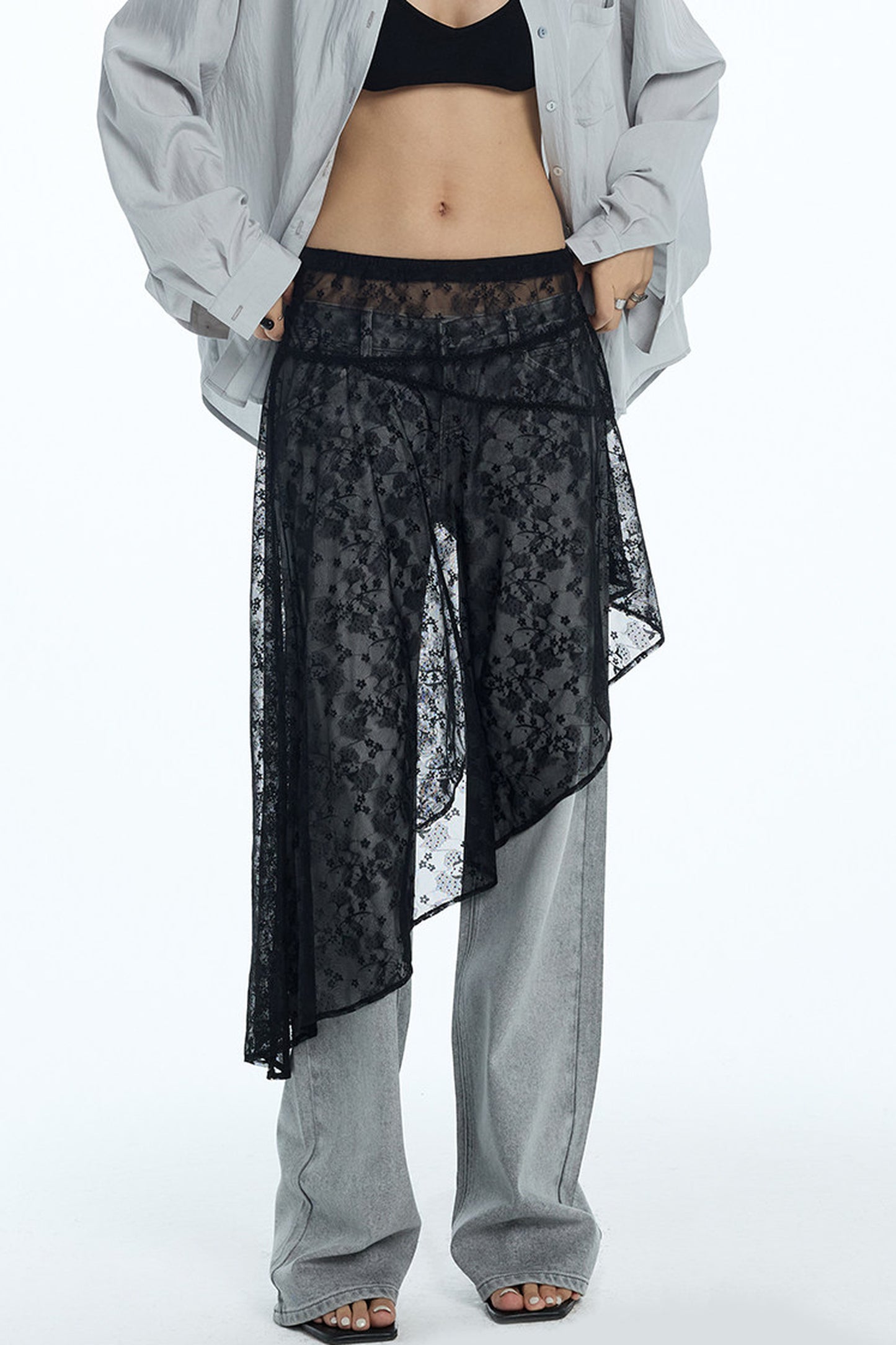 Sheer White Lace Side Ruffle Skirt