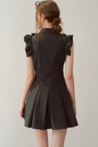 Robe rétro gris foncé à col à volants