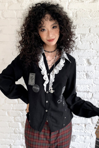 Bluse mit Spitzen- und Blumen-Patchwork