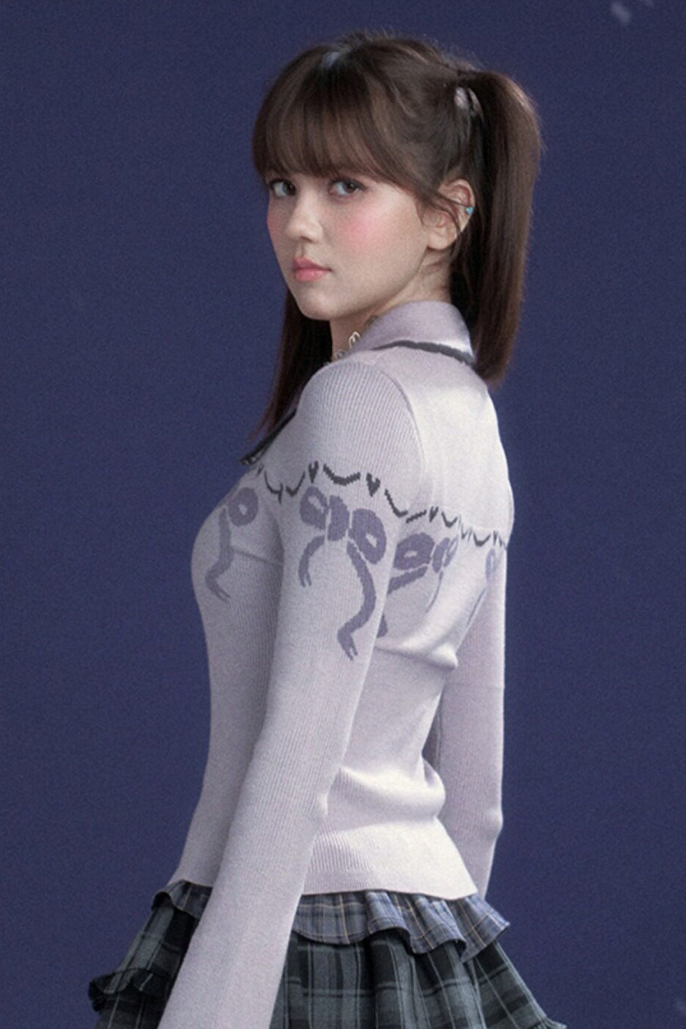 Milk Purple Bow Jacquard Turn-Down Collar Sweater