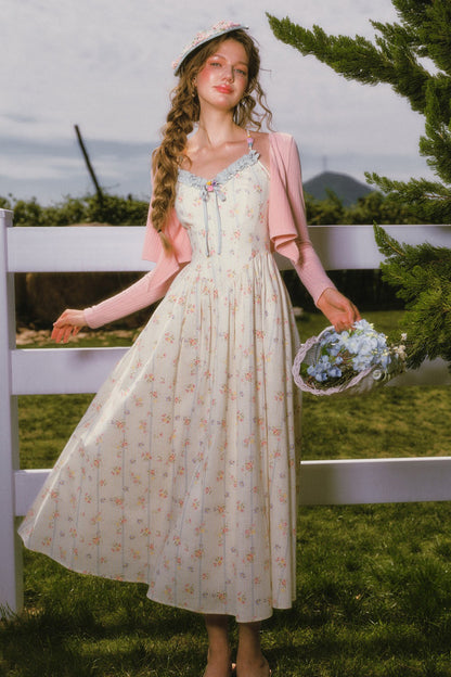 Floral Printed Fishbone Camisole Dress and Pink Cardigan Set-Up