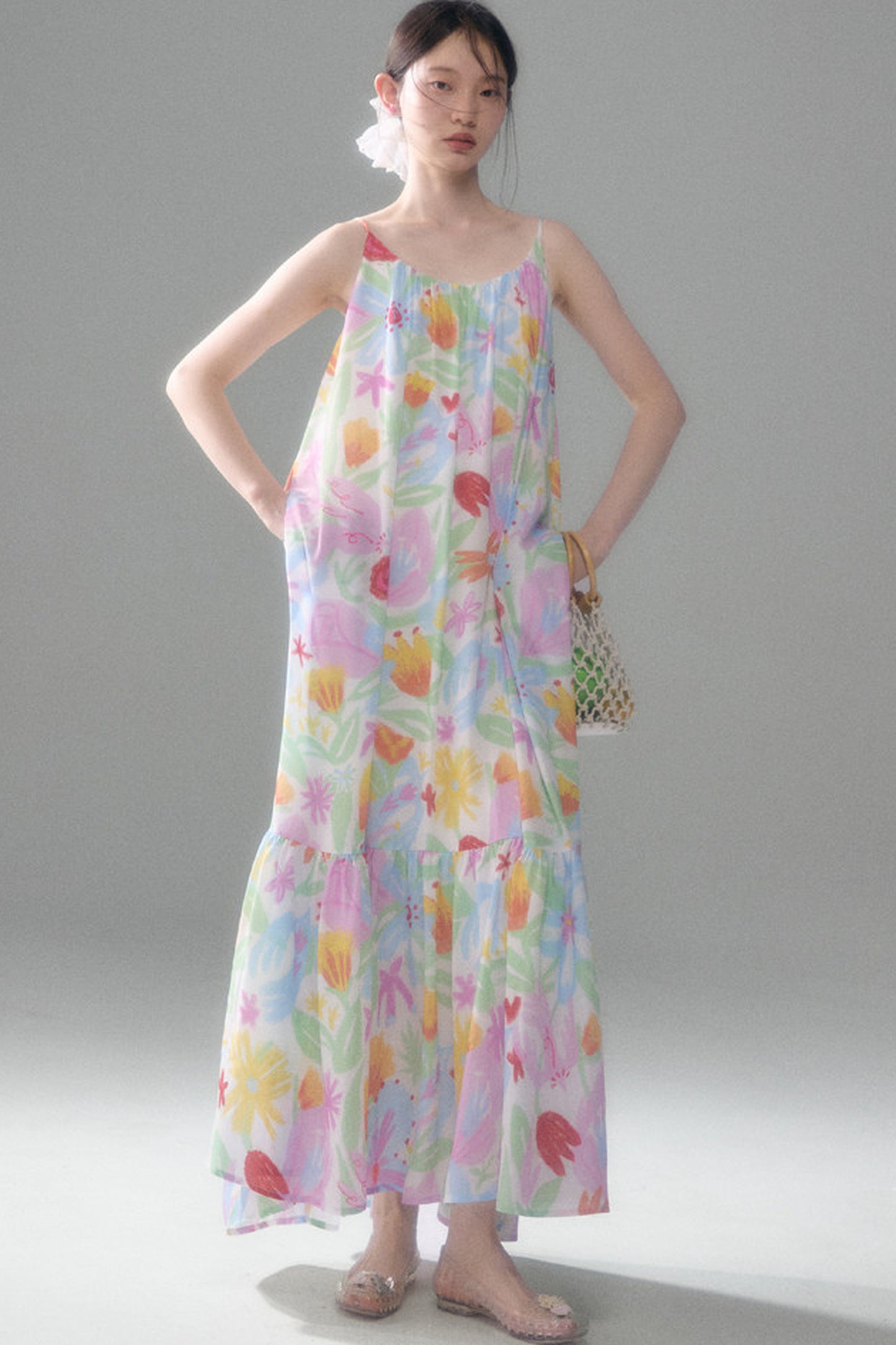 Hand-Painted Watercolor Flower Print Strap Dress