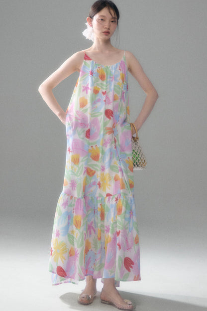 Hand-Painted Watercolor Flower Print Strap Dress