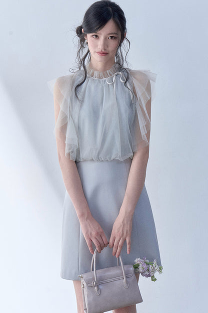 Pleated Mesh Flutter Sleeve Layered-Look Dress