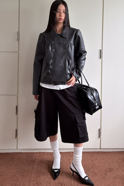 Double-Breasted Bow Pocket Leather Jacket