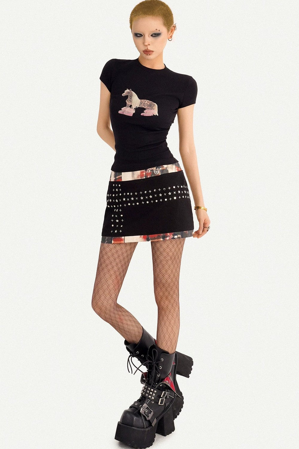 Black Patchwork Studded Bodycon Skirt