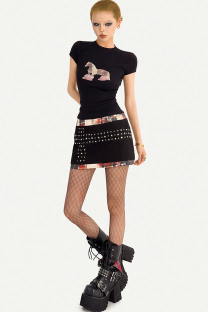 Black Patchwork Studded Bodycon Skirt