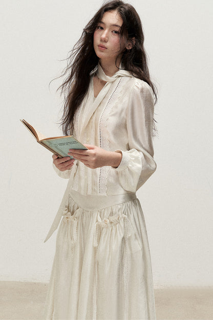 Botanical Lyocell V-Neck Ribbon Blouse And Skirt Set-Up