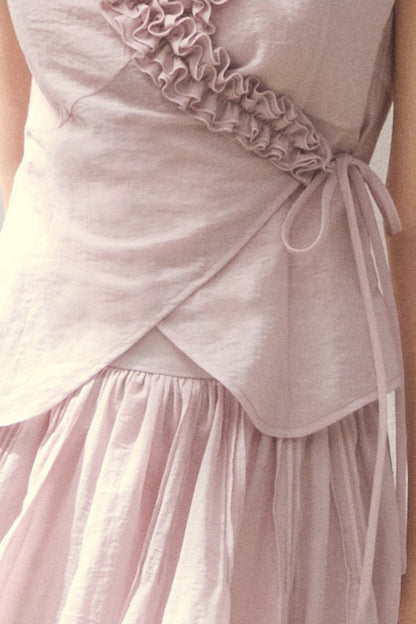 Purple Ruffle Trim Blouse and Tiered Skirt Set