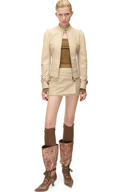 Slim-Fitting Functional Spliced PU Leather Jacket