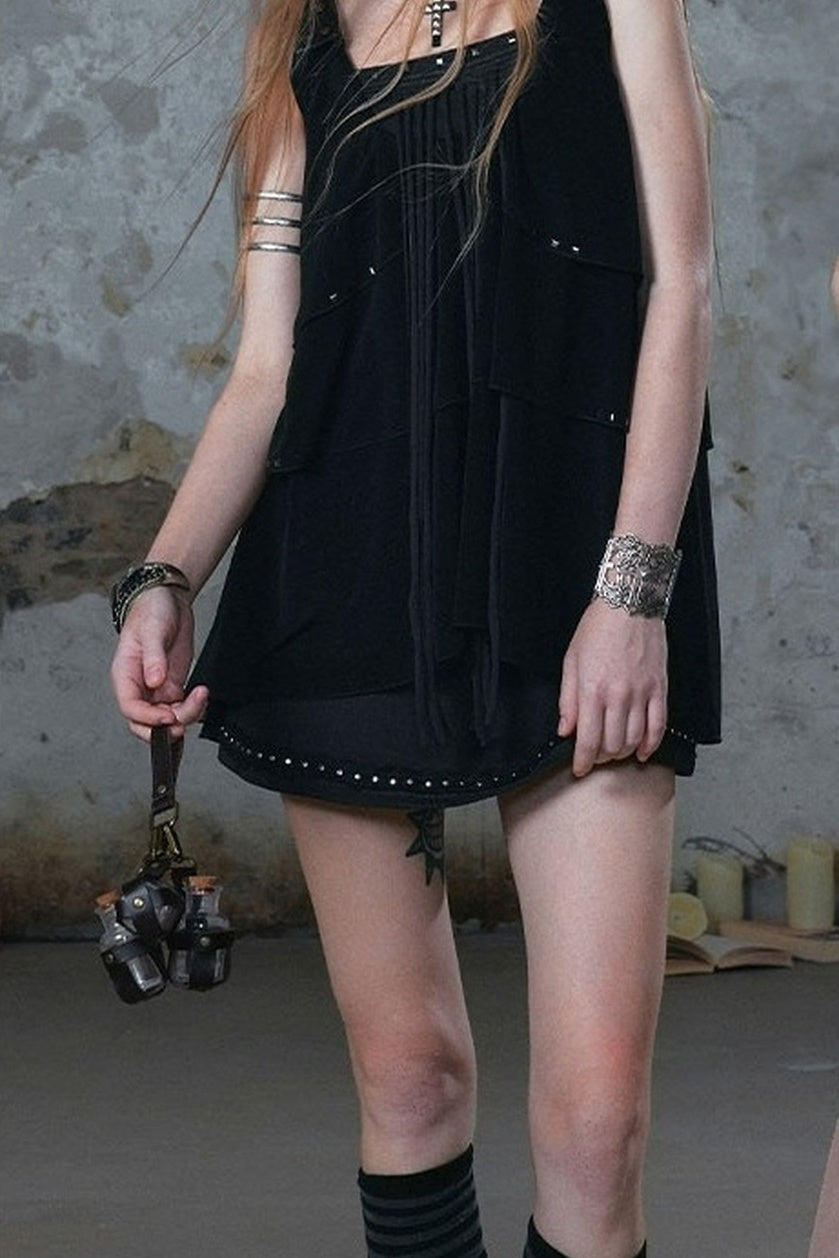 Ruffled Rivet Tassel Cake Camisole Dress