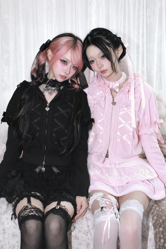 Black Cat Ear Sweatshirt Jacket and Pink Skirt Set-Up