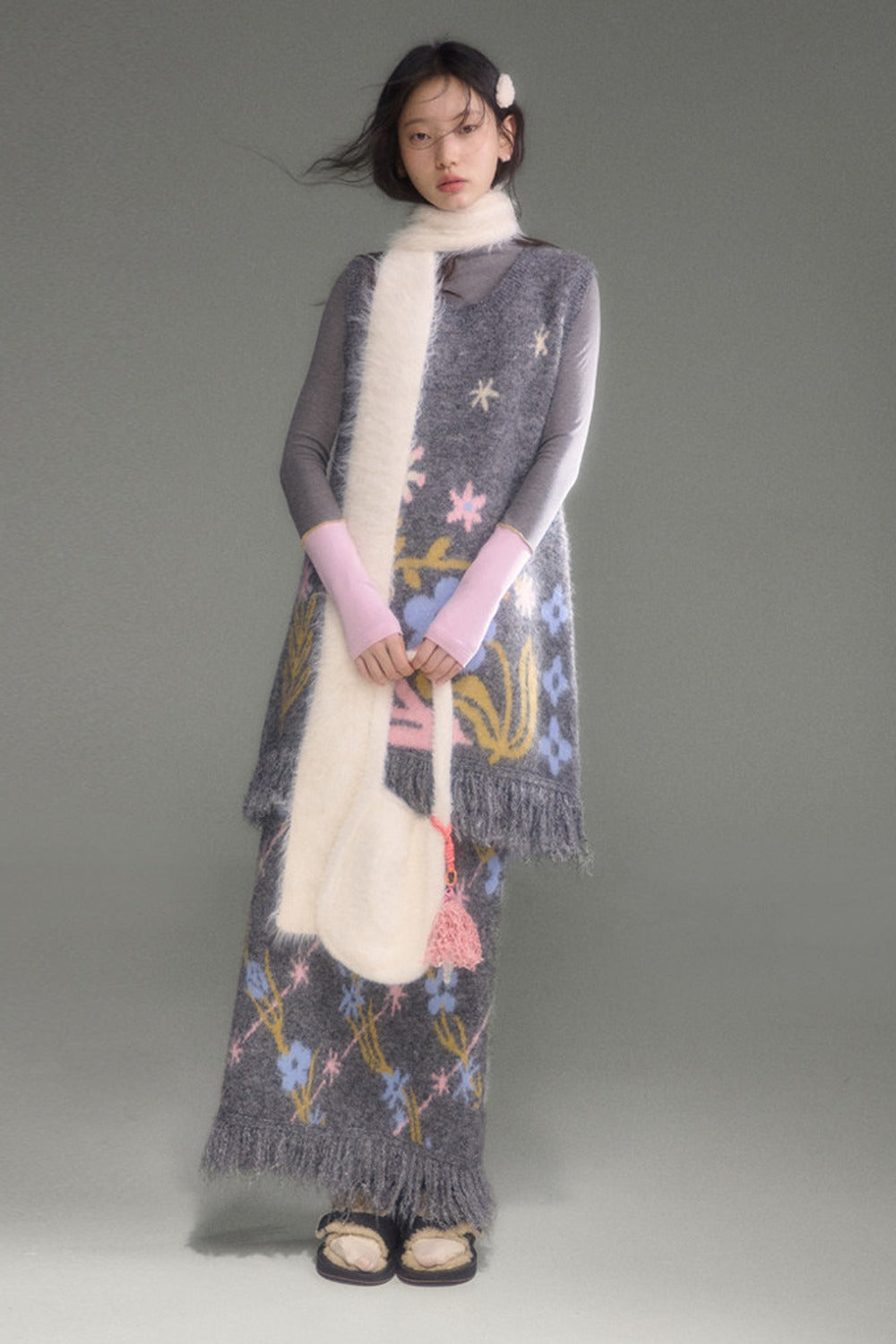Tulip Floral Jacquard Knit Tassel Skirt