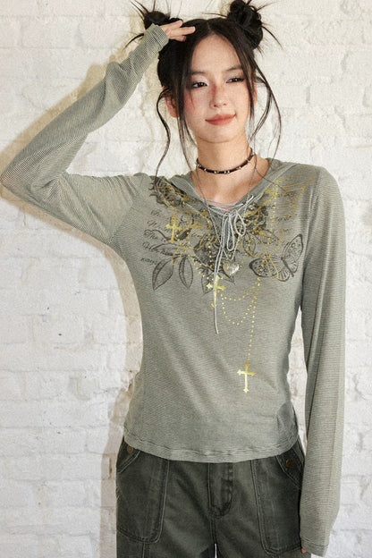 Vintage Floral Print Hooded Tie-Up T-Shirt
