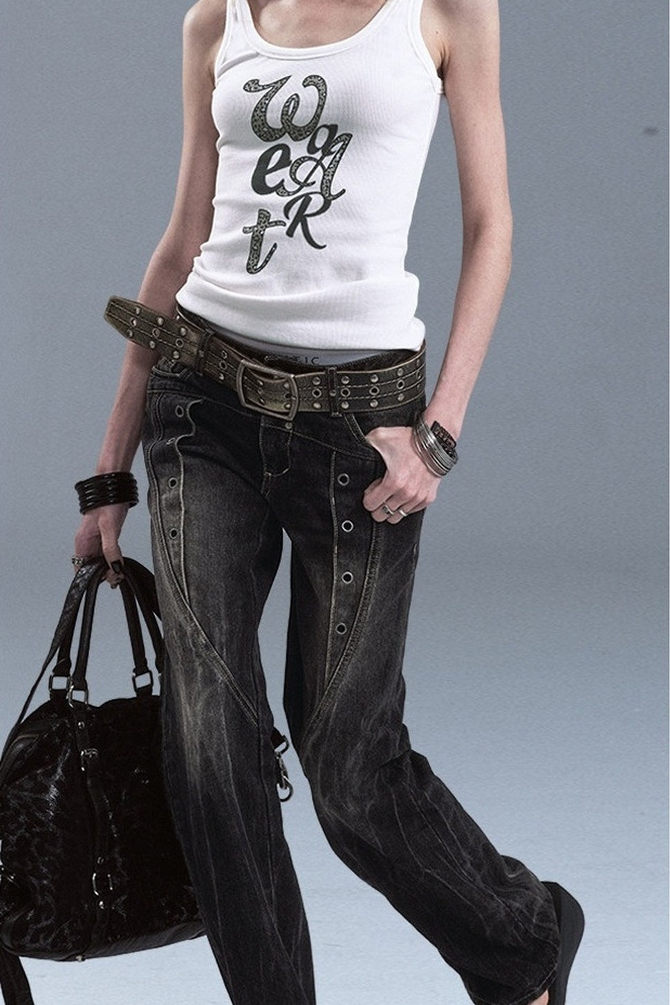 Washed Denim Flared Punk Pants