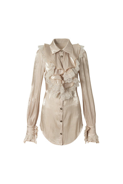 Ruffled Lace Patchwork Satin Blouse